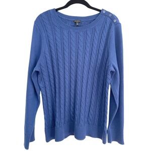 Talbots Womens Blue Cable Knit Button Shoulder Crew Neck Sweater XL Cotton Blend